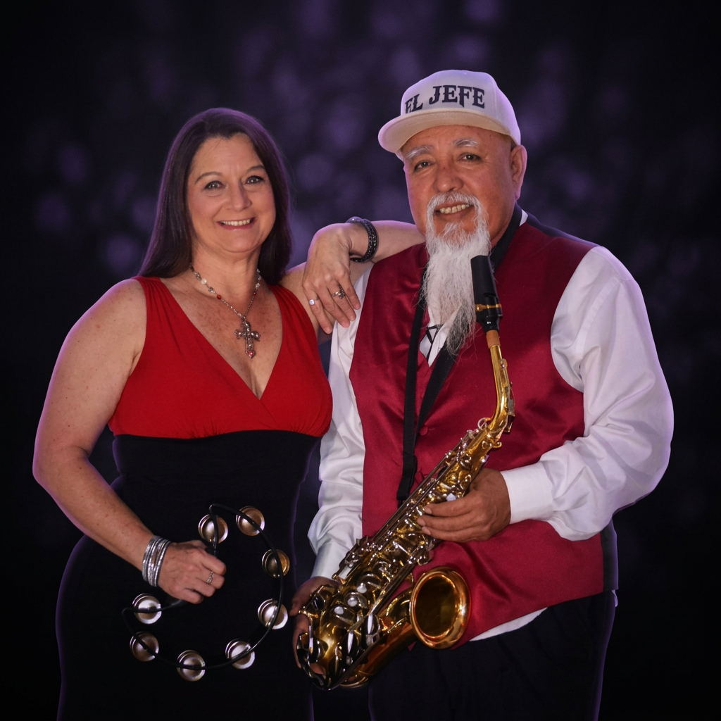 Laurie holding a tambourine beside Raul holding his saxophone